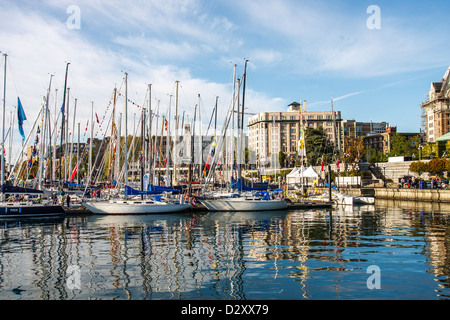 Segelschiffe in das ruhige blaue Wasser des Hafens in Victoria, British Columbia, Kanada Stockfoto