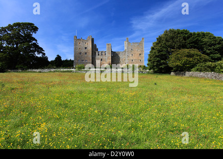 Blick über die Blumenwiese, Schloss Bolton Castle; Wensleydale; Yorkshire Dales National Park, England, Vereinigtes Königreich Stockfoto