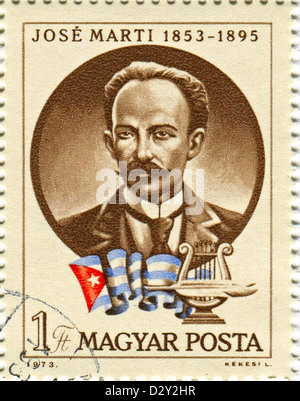 Ungarn - CIRCA 1973: Briefmarken gedruckt in Ungarn gewidmet Jose Marti (1853-1895), kubanische Dichter, Essayist, ein Journalist, ein revolutionäres Philosoph, Übersetzer, Professor, ein Verlag und eine politische Theoretiker, circa 1973. Stockfoto