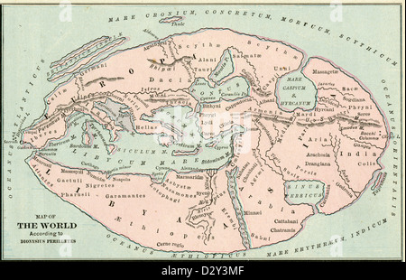 1889-Karte der Welt nach Dionysius Periegetes. Stockfoto