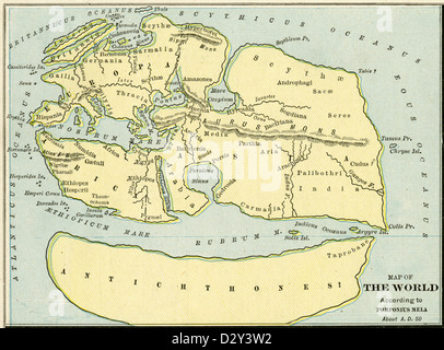 1889-Karte der Welt nach Pomponius Mela über AD-50. Stockfoto