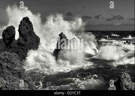 Wellen, die auf den vulkanischen Felsen. Laupahoehoe Point Beach Park. Hawaii, big Island. Stockfoto