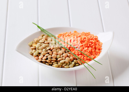 Rohe rote und braune Linsen in eine Schüssel geben Stockfoto