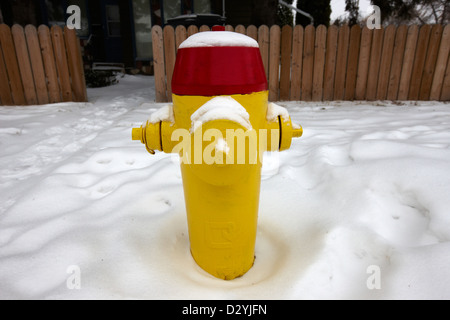 gelbe Hydranten im Schnee an der Seite der Straße Saskatoon Saskatchewan Kanada Stockfoto