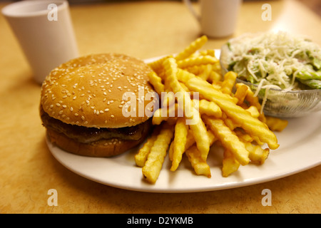 Burger Crinkle schneiden Pommes Frites und Salat in einem billigen Diner in Nordamerika Stockfoto