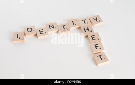 Identitätsdiebstahl geschrieben in Scrabble Buchstaben mit US-Pass im Hintergrund unscharf. Isoliert auf weißem Hintergrund. Stockfoto