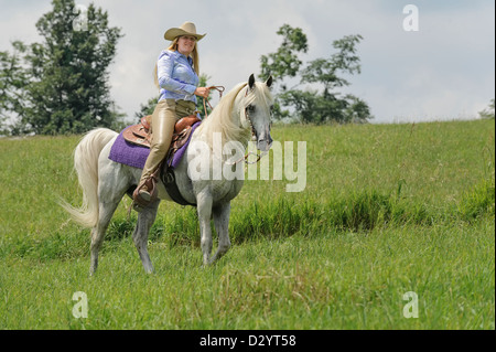 Frau Reiten auf schönen weißen Pferd draußen in der Natur und Sonnenschein, ein Cowgirl in amerikanischen westlichen Stil Kleidung. Stockfoto