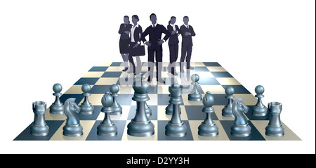 Abbildung eines Geschäftskonzepts Schach. Ein Business-Team auf der einen Seite von den Spielen gegen Schachfiguren Schachbrett. Stockfoto