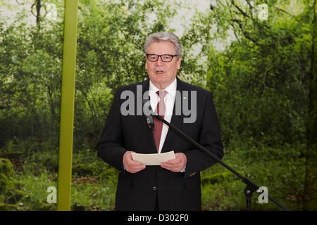 Berlin, 5. Februar 2013.  Deutscher Finanzminister Wolfgang Schaeuble verleiht Bundespräsident Joachim Gauck die Nächstenliebe Briefmarken. Der deutsche Bundespräsident Joachim Gauck knüpft an die Tradition seiner Vorgänger und übernimmt die Schirmherrschaft für die Charity-Briefmarken.  Joachim Gauck erhält den ersten Ausgaben der Nächstenliebe Briefmarken im Jahr 2013 durch den Finanzminister im Bellevue Palace in Berlin. Stockfoto