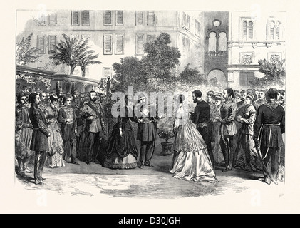 DER PRINZ UND DIE PRINZESSIN VON WALES IN ÄGYPTEN: EMPFANG VON IHRER KÖNIGLICHEN HOHEITEN DURCH DEN VIZEKÖNIG VON ÄGYPTEN IN KAIRO 1869 Stockfoto