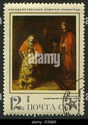 UdSSR - CIRCA 1970: Eine Briefmarke gedruckt in der UdSSR zeigt ein Öl-Gemälde "The Return of the Prodigal Son" von Rembrandt, ca. 1970. Stockfoto