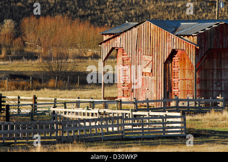 Alte Scheune und Korallen auf einer Ranch in Oregon Wallowa-Tal. Stockfoto