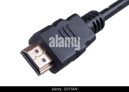 Makroaufnahme einer goldenen HDMI-Kabel isoliert auf weißem Hintergrund Stockfoto