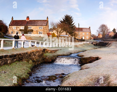 Hutton Beck läuft durch das Dorf Hutton le Hole in Ryedale, North Yorkshire an einem kalten, frostigen Morgen erfasst Stockfoto