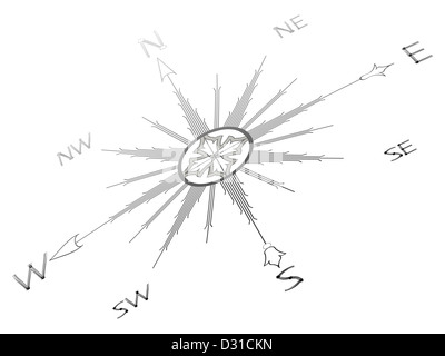 Windrose Kompass Silhouette vor weißem Hintergrund, abstrakte Kunst-Vektorgrafik Stockfoto