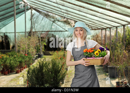 Weibliche Gärtner posiert mit einem Korb voller Blumentöpfe in einem Gewächshaus Stockfoto