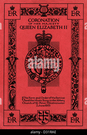 KRÖNUNGSDIENST Original-Titelblatt von Queen Elizabeth 11 Krönungsorden und Musikbuch vom 2. Juni 1953 Stockfoto
