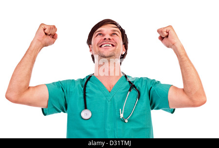 Closeup Portrait eines jungen Arztes zeigt Sieg Geste auf weißem Hintergrund Stockfoto