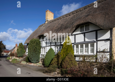 Halbe Fachwerk-Reetdachhaus in Dorf Bredon, Worcestershire, England, Großbritannien Stockfoto