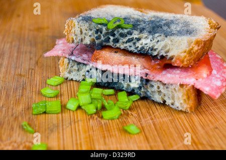 schimmelige Sandwich mit Salami, Tomaten auf einem Schneidebrett Stockfoto