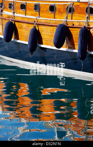 Fallfender hängen am Brett eines traditionellen türkischen Gulet, der in Bodrum Marina festgemacht ist. Bodrum, Mugla Provinz, Türkei. Stockfoto