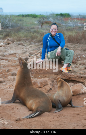 Frau Touristen- und Galapagos-Seelöwen, North Seymour Insel, Galapagos Stockfoto