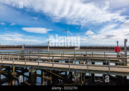 Blyth sandigen Strand und Hafen mit Leuchtturm zu bewaffnen und wind Turbinge bei Ebbe, Northumberland, UK Stockfoto