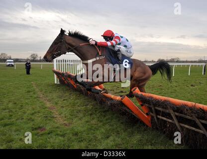 Huntingdon Race Course. Cambridgeshire. 7. Februar 2013. Gewinner CHRIS Erbse Grün geritten von Joshua Moore springt den letzten Zaun. Rennen 4. 32Red Juvenile Hurdle (für die Chatteris Fen Trophy). Chatteris Fen Renntag... Bildnachweis: Sport In Bildern / Alamy Live News Stockfoto