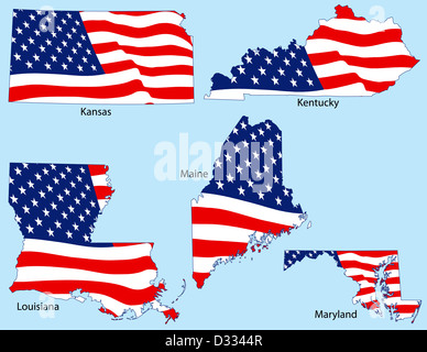 Kansas, Kentucky, Louisiana, Maine und Maryland Umrisse mit Flaggen Stockfoto