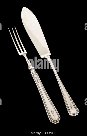 Vintage massivem Sterling Silber Fischmesser und Gabel von John Biggin Ltd. Hallmarked Sheffield 1933. Stockfoto