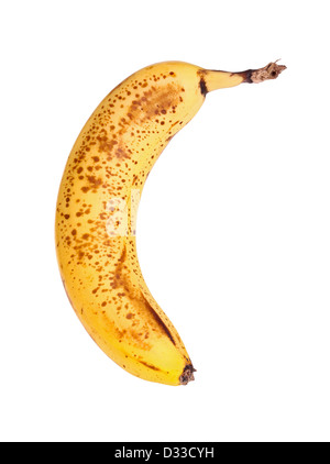 Perfekt Reife, braun gefleckten Banane vor einem weißen Hintergrund isoliert Stockfoto