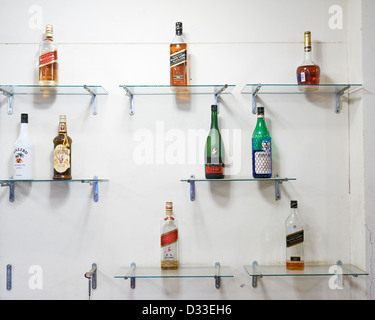Verschiedene Flaschen Alkohol in Glas-Regalen an der Wand
