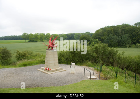 38. Welsh Division Denkmal mit Blick auf Mametz Holz an der Somme in Frankreich Szene des Kampfes im Juli 1916 von der Welsh Stockfoto
