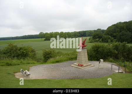 38. Welsh Division Denkmal mit Blick auf Mametz Holz an der Somme in Frankreich Szene des Kampfes im Juli 1916 von der Welsh Stockfoto