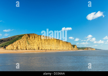 Golden Sandstein-Klippen und Strand von West Bay, Bridport, Dorset, England Stockfoto