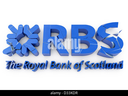 3D Render eine Rissbildung und bröckelt RBS / Royal Bank of Scotland Logo - Konzept - weißer Hintergrund Stockfoto