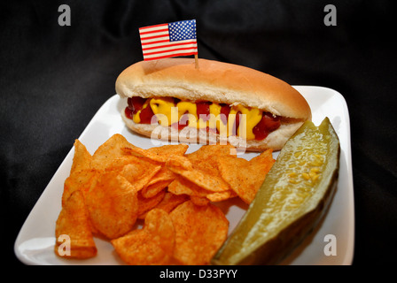 Amerikanischen Picknick Essen-Hotdog mit Ketchup, Kartoffelchips und eine Gurke Stockfoto