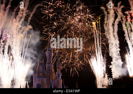Disney World Burg bei Nacht mit Lichtern und Feuerwerk Stockfoto