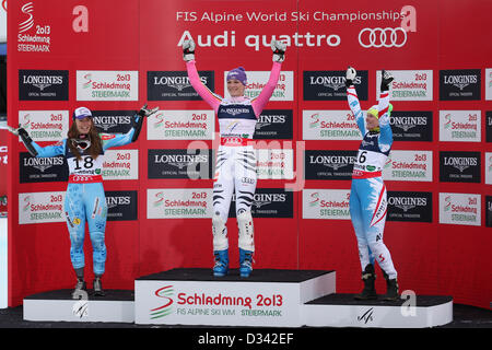 Schladming, Österreich. 8. Februar 2013.  Tina Maze, Maria Hoefl-Riesch, Nicole Hosp in der Ladie der super-Kombination von den FIS Alpinen Super Kombination Ski Weltmeisterschaften 2013.  Bildnachweis: Aktion Plus Sportbilder / Alamy Live News Stockfoto