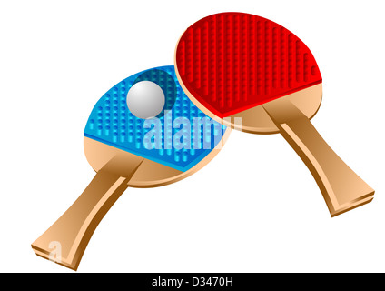 Tischtennis. Schläger und Ball, isoliert auf weiss Stockfoto