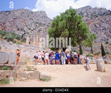 Reisegruppe am Eingang zum Heiligtum des Apollo, Delphi, Parnass, Zentralregion von Griechenland, Griechenland Stockfoto