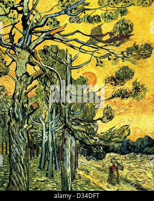 Vincent Van Gogh, Pinien vor einem roten Himmel mit Einstellung so. 1889. Post-Impressionismus. Öl auf Leinwand. Stockfoto