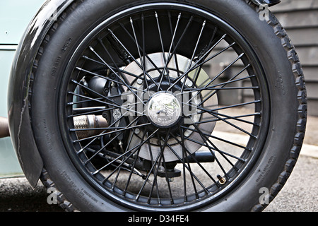 Rad-Detail auf der Morgan 3 Wheeler Sportwagen, Winchester, UK, 19 09 2011 Stockfoto