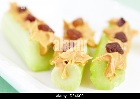 Ameisen auf einem Baumstamm. Sellerie-sticks mit Erdnussbutter und Rosinen. Stockfoto