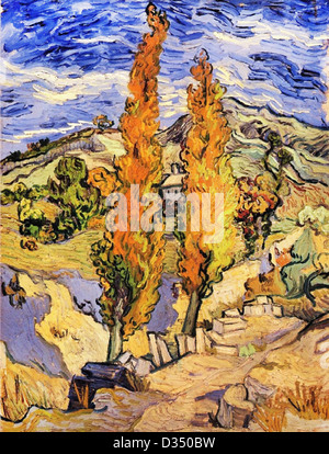 Vincent Van Gogh, zwei Pappeln auf einem Hügel. 1889. Post-Impressionismus. Öl auf Leinwand. Cleveland Museum of Art, Cleveland, Ohio, USA. Stockfoto