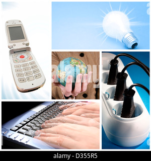 Technik Collage: Glühbirne, Tastatur, Outlet, Handy und Weltkugel. Stockfoto