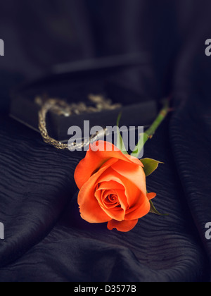 Eine rose auf schwarze Seide und Schmuck-box Stockfoto