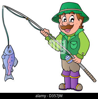 Cartoon Angler mit Rute und Fisch - isolierte Abbildung. Stockfoto