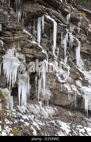 Eiszapfen hängen von einem Felsen im Winter Predappio Stockfoto