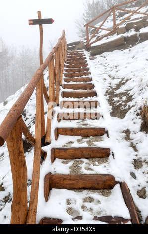 Treppen mit Schnee im Winter in Emilia Romagna Apennin Stockfoto